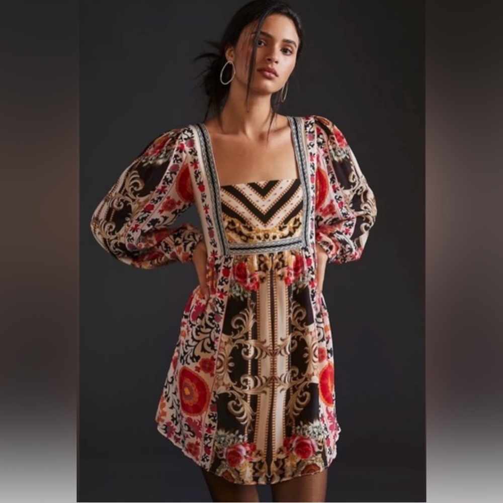Anthropologie Nikasha Floral Mini Dress Puff Sleeve Baroque Sz S